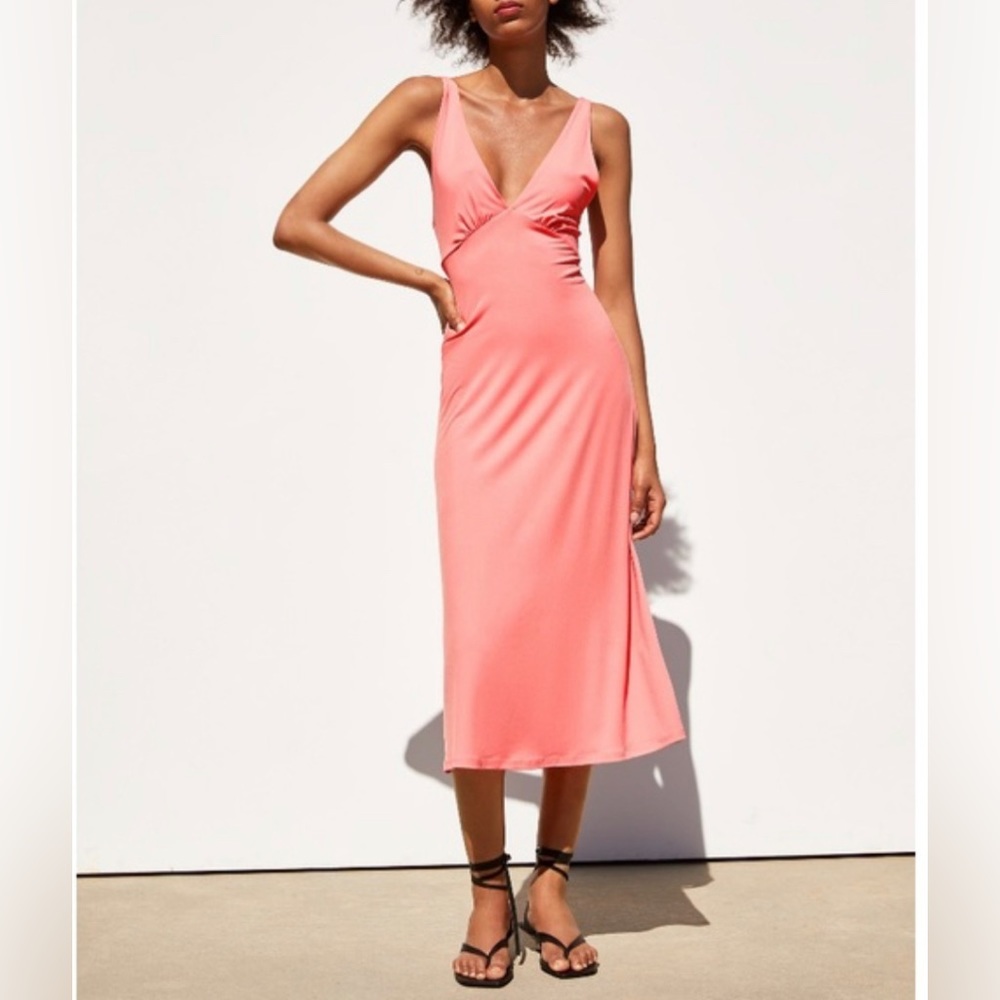 Zara Coral Pink V-Neck Slip Midi Dress